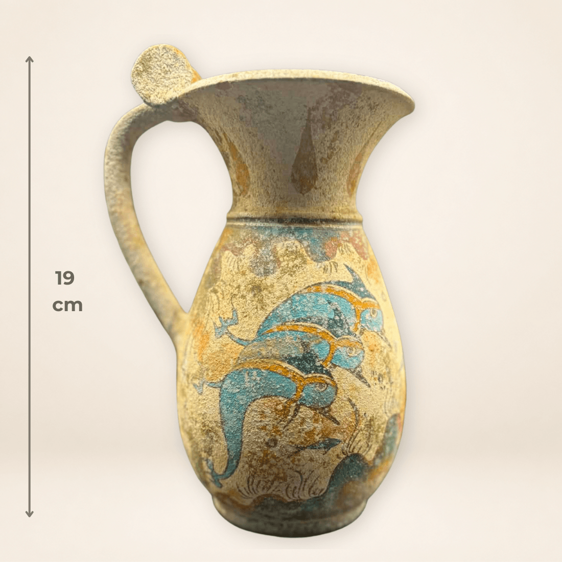 19 cm tall vintage Minoan style pottery jug with hand-painted fish decoration