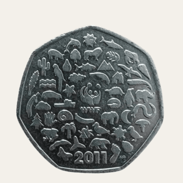 2011 WWF 50p coin reverse with wildlife symbols and WWF panda logo
