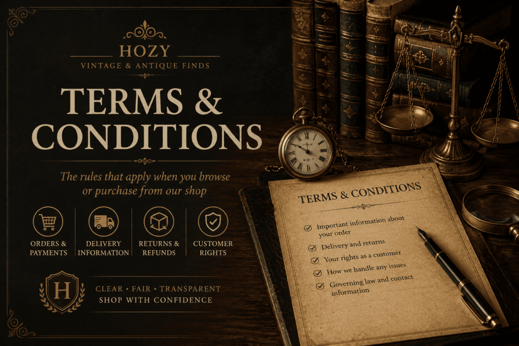 UK terms and conditions for Hozy Vintage & Antique Finds with vintage legal documents, customer rights, delivery and returns information