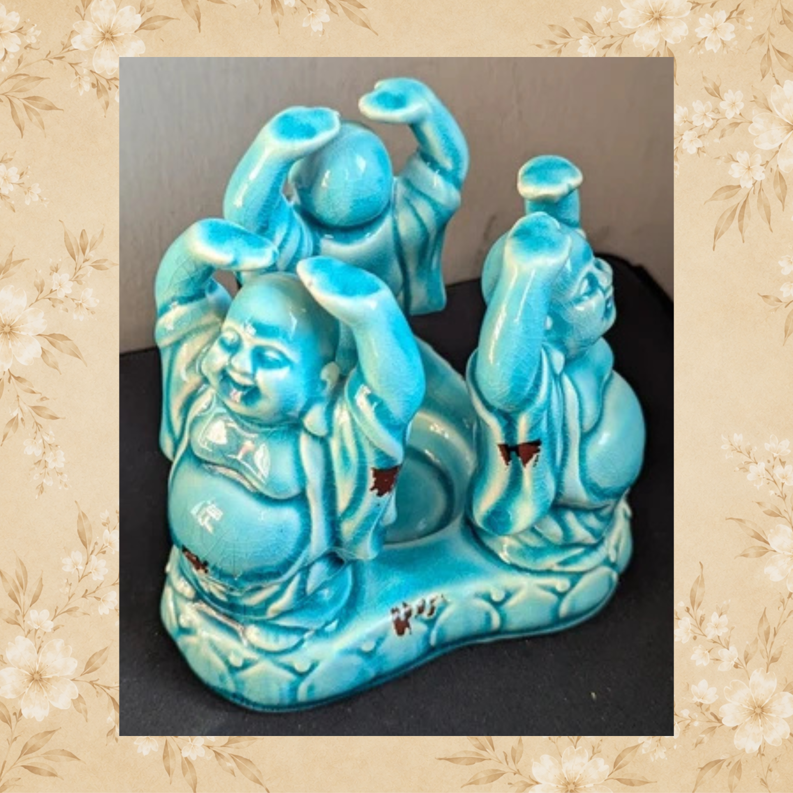 Turquoise crackle glaze Laughing Buddha candle holder showing three figures