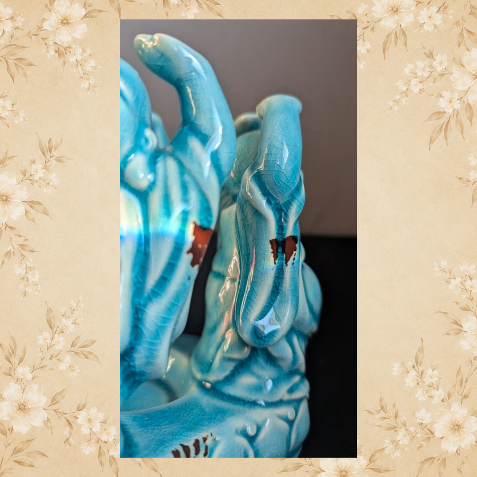Rear side view of vintage turquoise crackle glaze Buddha candle holder