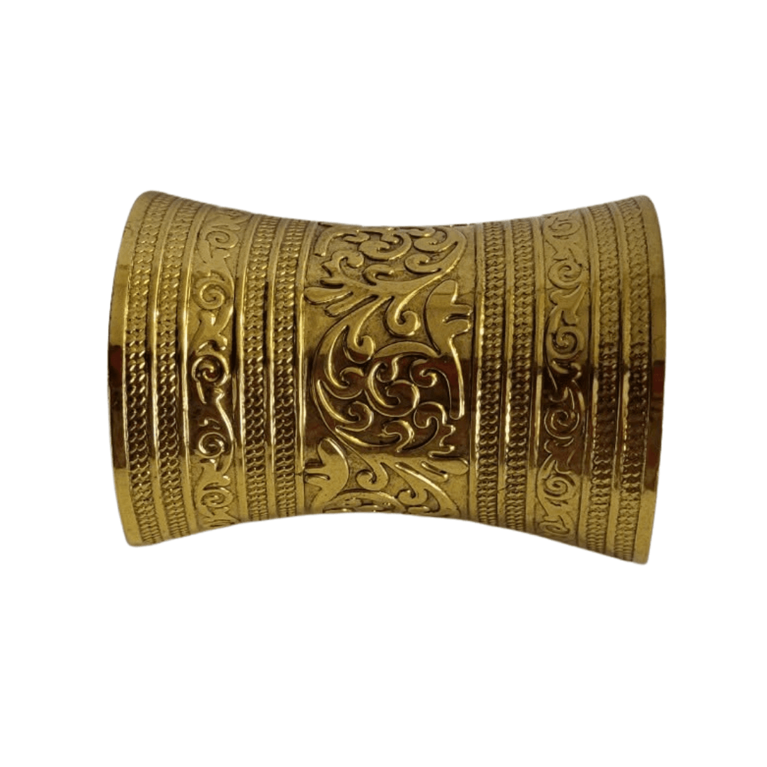 Gold-tone cuff bracelet viewed from the front, showing raised scrollwork and flared edges