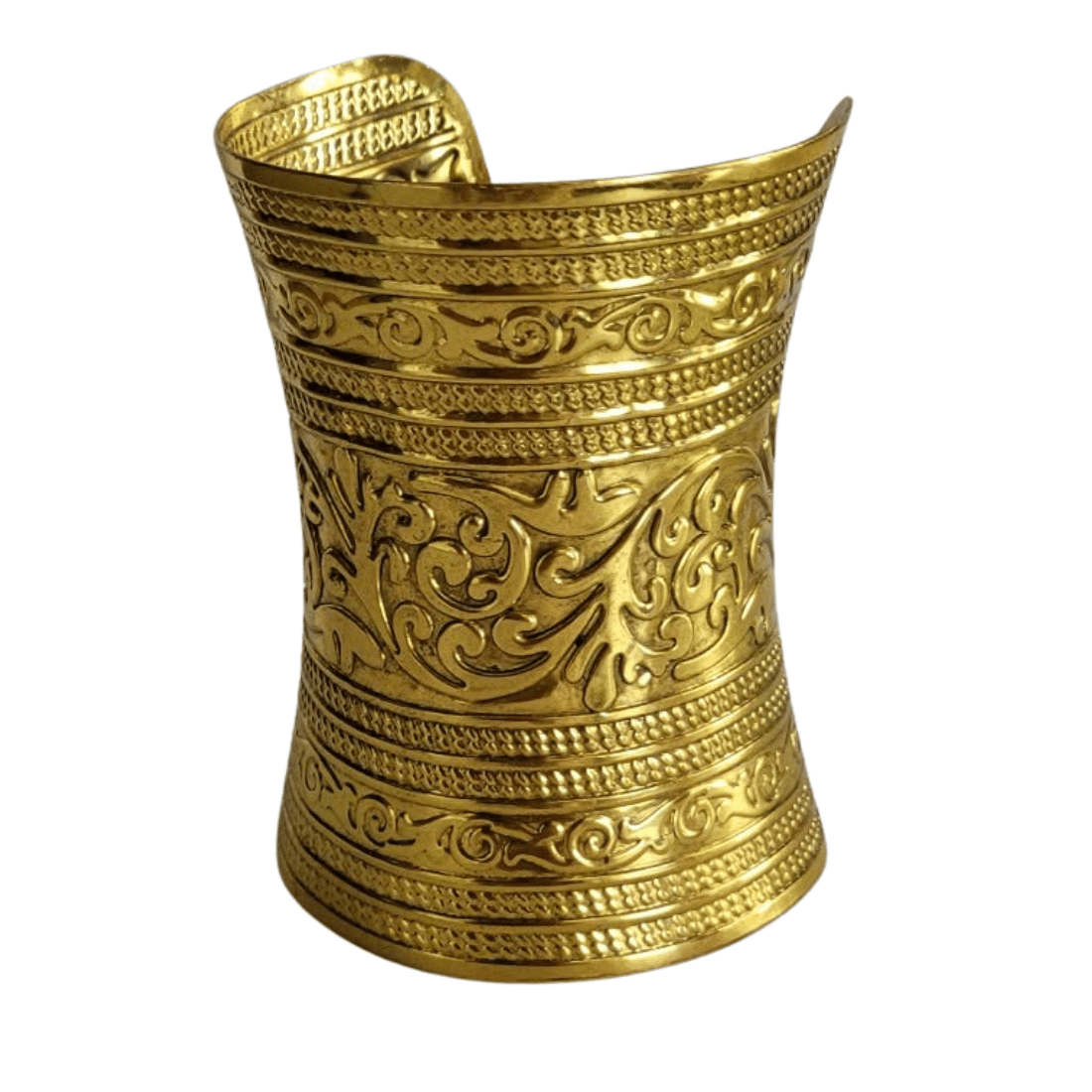 Wide embossed cuff standing upright, showing its flared profile and open back at the top