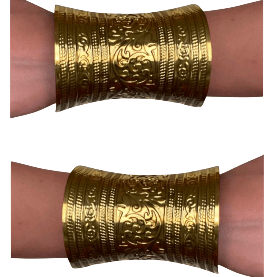 Two views of the same wide gold-tone cuff worn on an arm to illustrate its scale