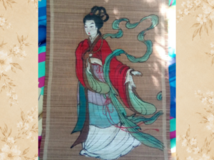 Vintage Japanese-style bamboo wall hanging with kimono lady design