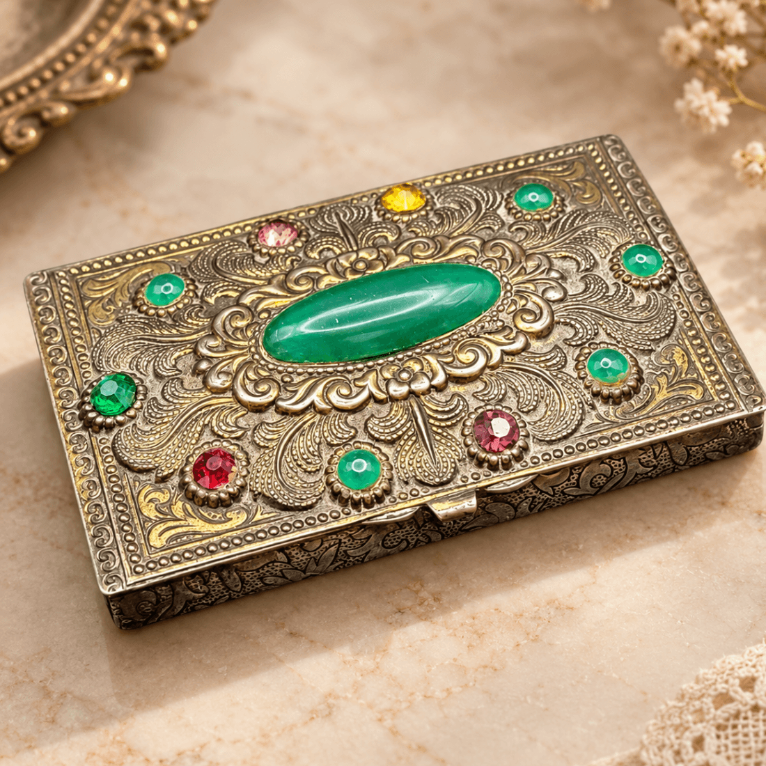 Decorative metal box with a green cabochon displayed on a light stone surface