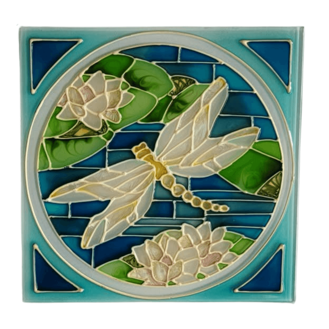 Joan Baker Designs dragonfly glass plaque with blue background, green leaves and pale flowers