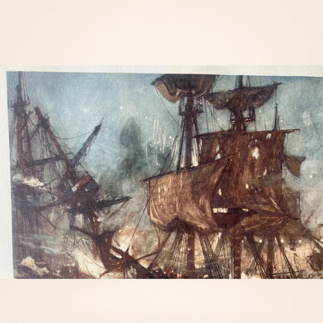 Detail of original 1901 Charles Dixon HMS Majestic Battle of the Nile naval artwork