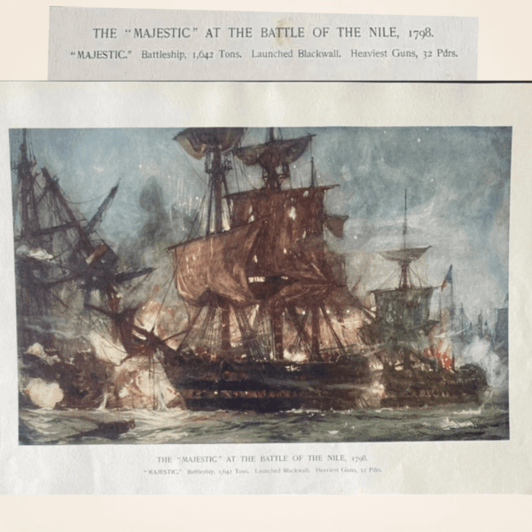 Original 1901 Charles Dixon HMS Majestic Battle of the Nile print with full title and naval battle scene