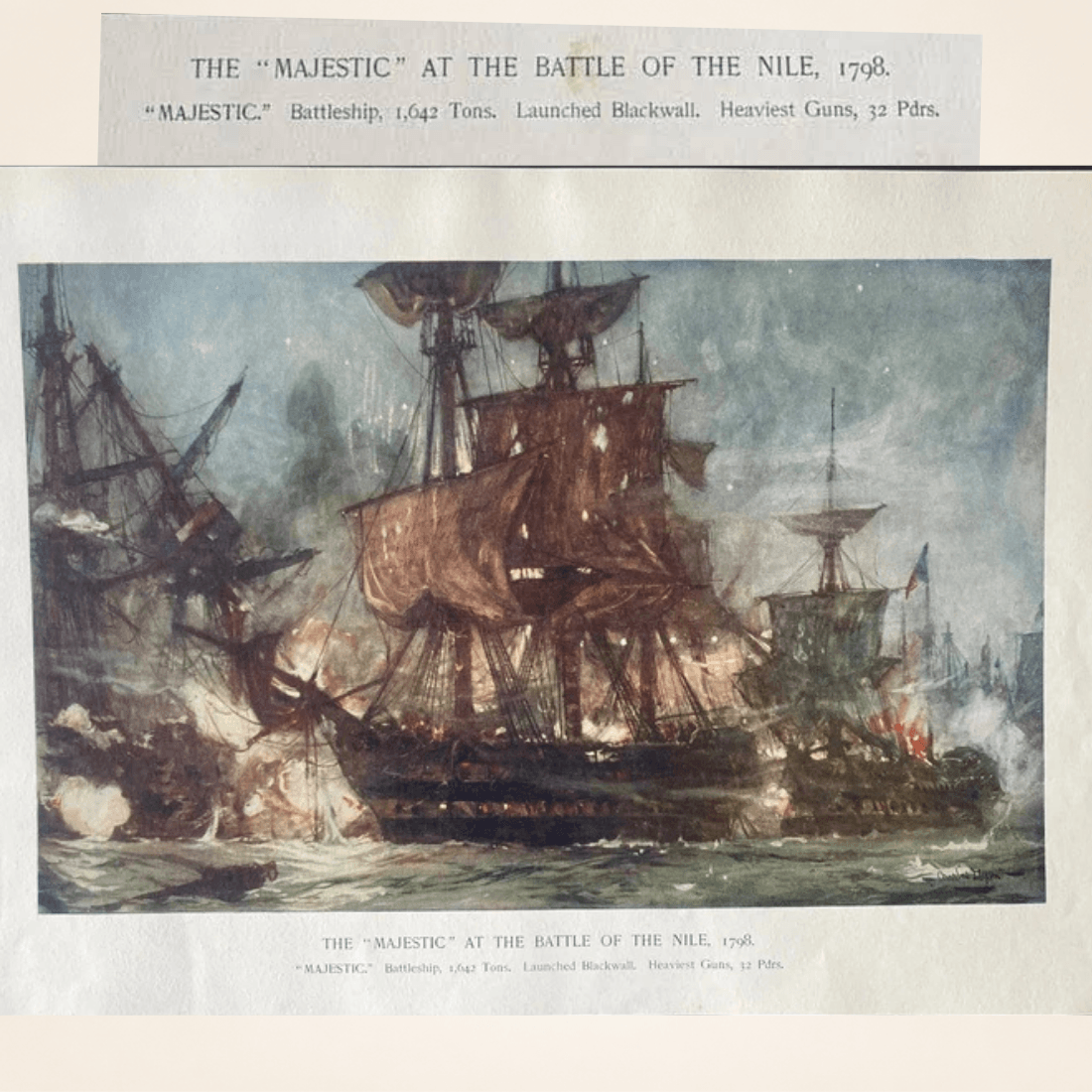 Original 1901 Charles Dixon HMS Majestic Battle of the Nile print with full title and naval battle scene
