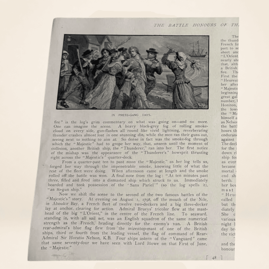 1901 HMS Majestic book plate detail showing In Press-Gang Days illustration and original printed text