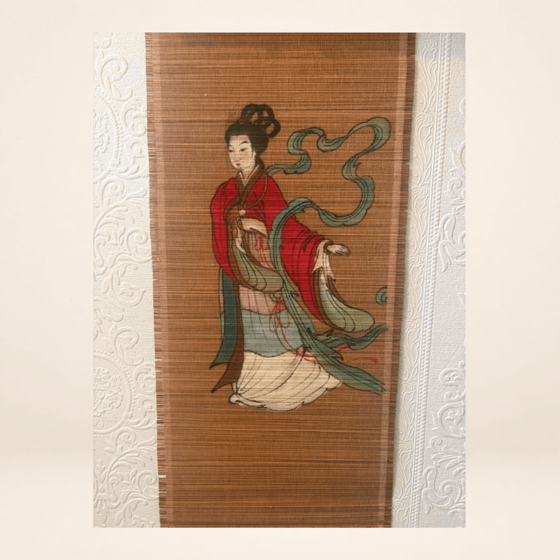 Vintage bamboo wall hanging with traditional Asian woman in red and green robes