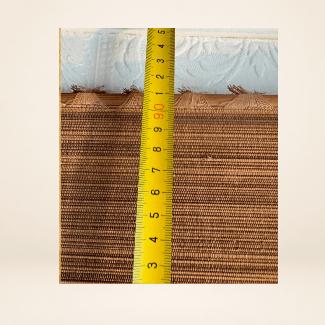 Height measurement detail of vintage bamboo wall hanging at approximately 90 cm