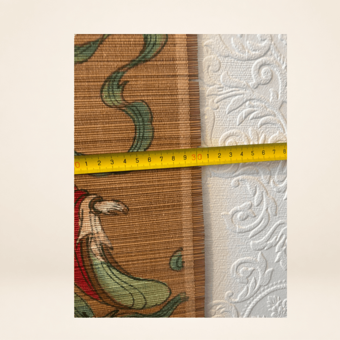 Width measurement of vintage bamboo wall hanging showing approximately 30 cm