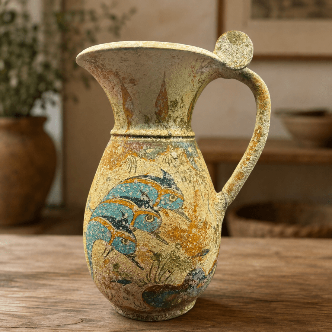 Vintage Minoan style pottery jug with painted fish displayed on a wooden table