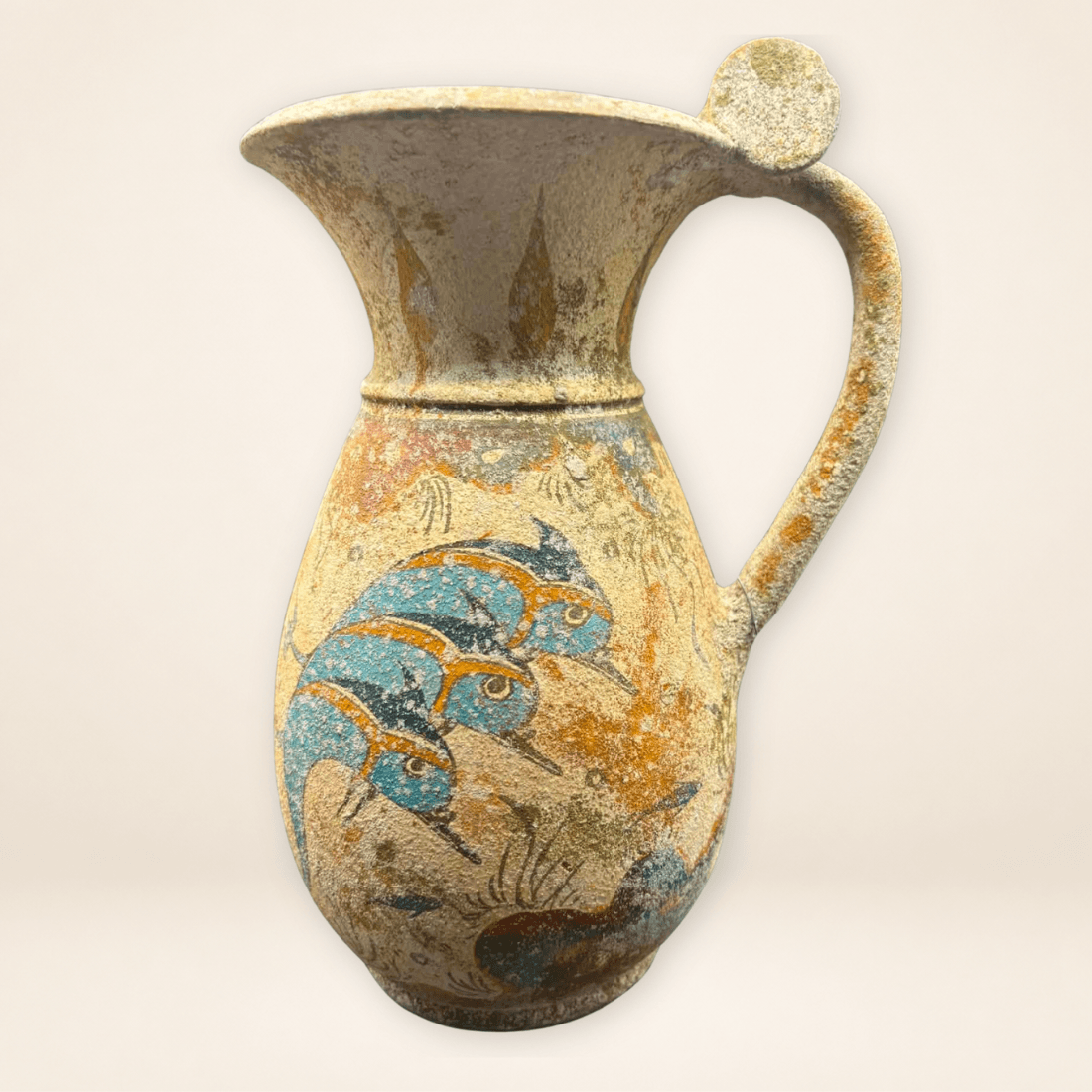 Vintage Minoan Style Pottery Jug with hand-painted blue fish decoration