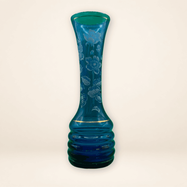 Vintage Murano blue glass vase with frosted floral decoration front view