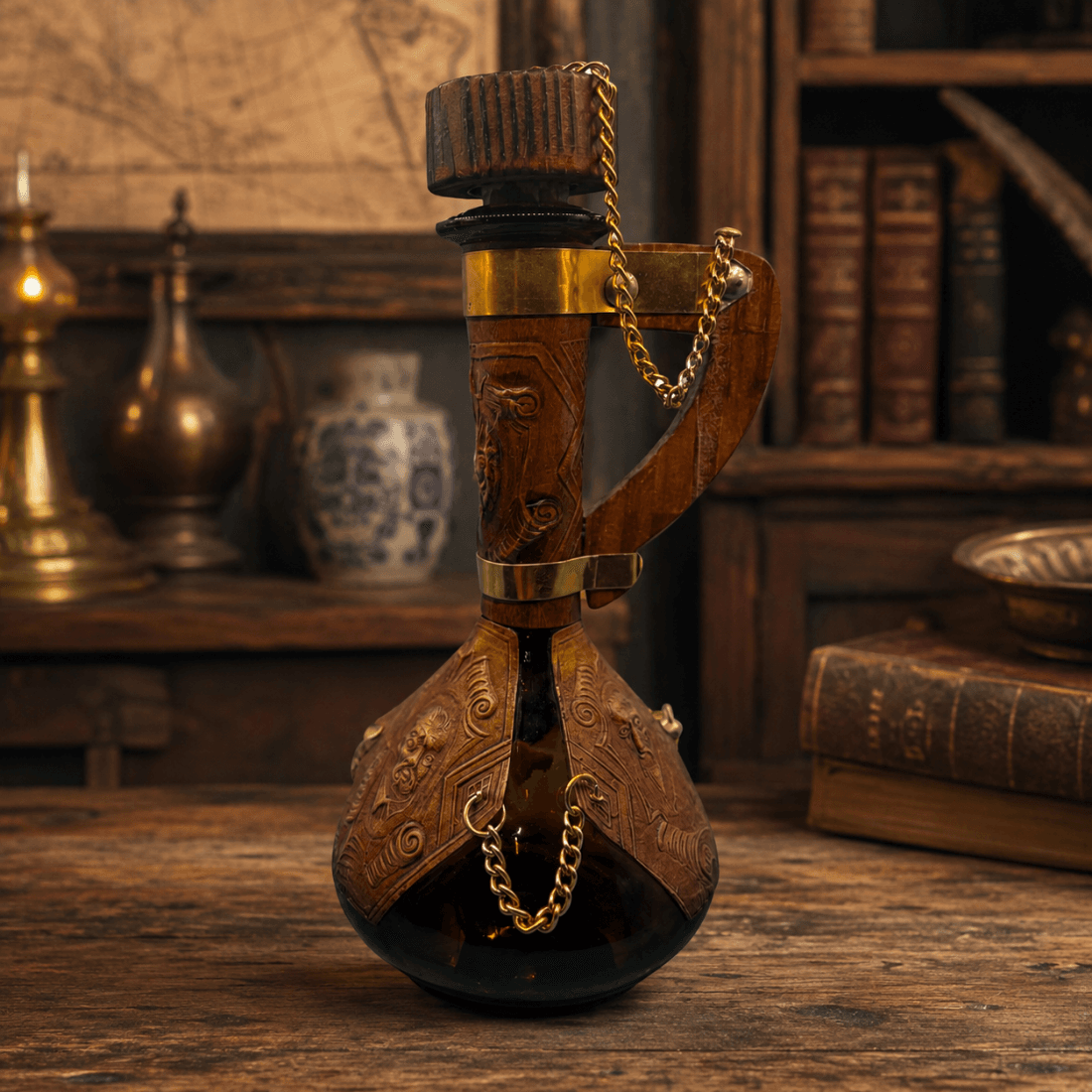 Vintage Spanish leather decanter displayed in a traditional vintage-style interior