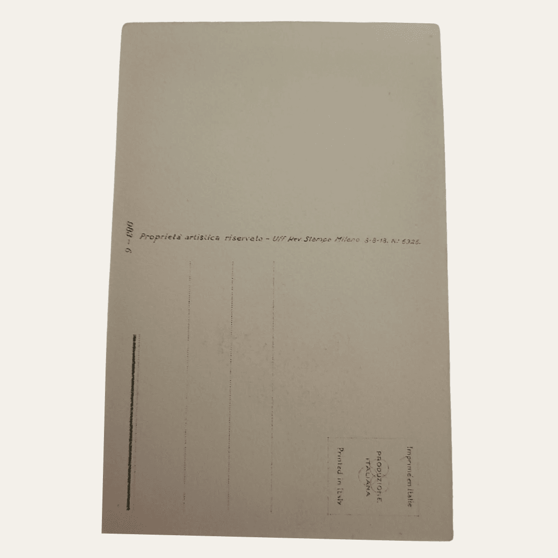 Reverse of Italian artist postcard with Milan press marking and Printed in Italy panel