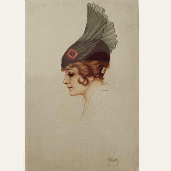 Miliotti glamour lady postcard with auburn hair and tall green feathered hat