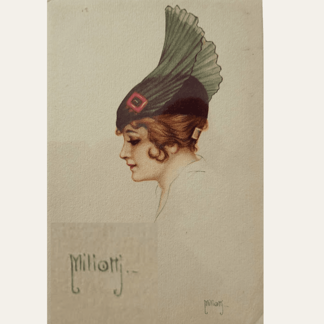Antique Italian postcard by Miliotti showing a glamour lady in a feathered hat with enlarged signature detail