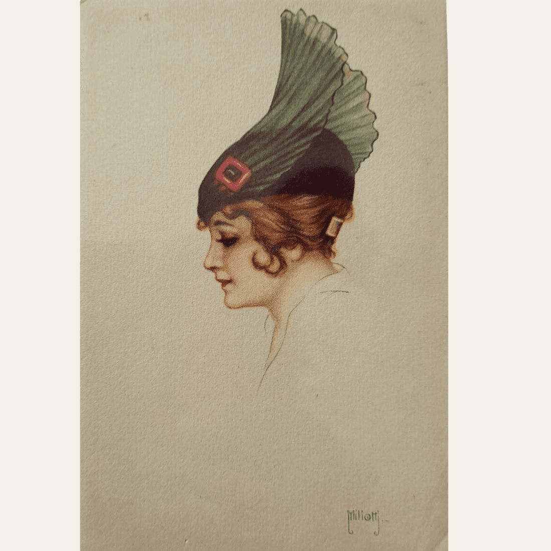 Miliotti glamour lady postcard with auburn hair and tall green feathered hat