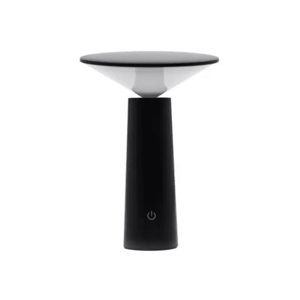 Black mushroom touch lamp with tapered base and wide circular shade on a white background.