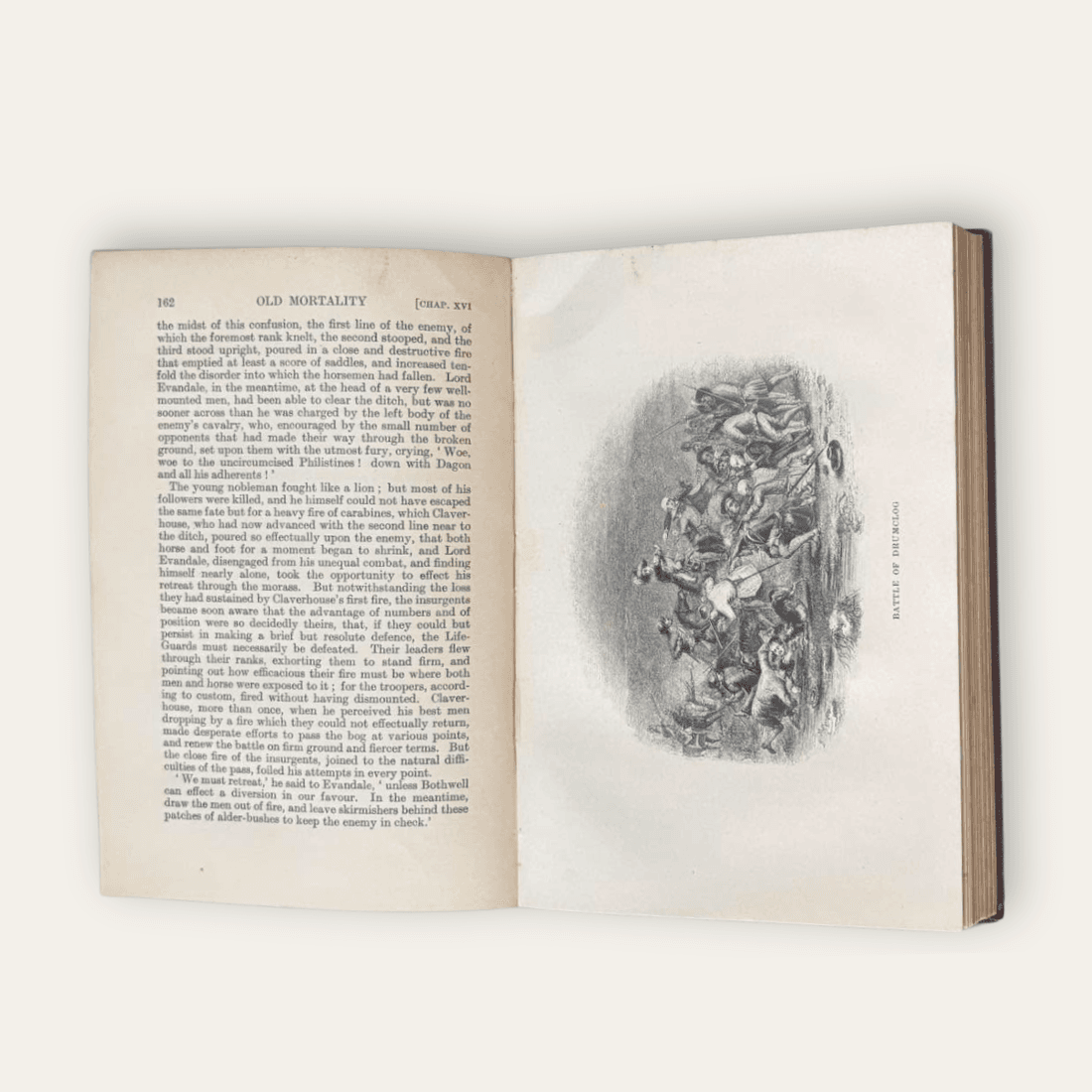 Page 162 of Old Mortality opposite a black-and-white Battle of Drumclog illustration