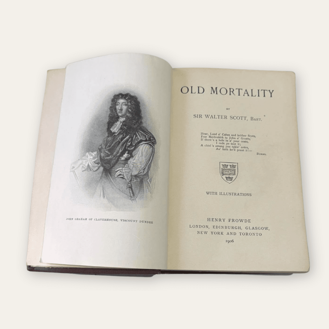 Old Mortality title page dated 1906, published by Henry Frowde, beside the Viscount Dundee portrait