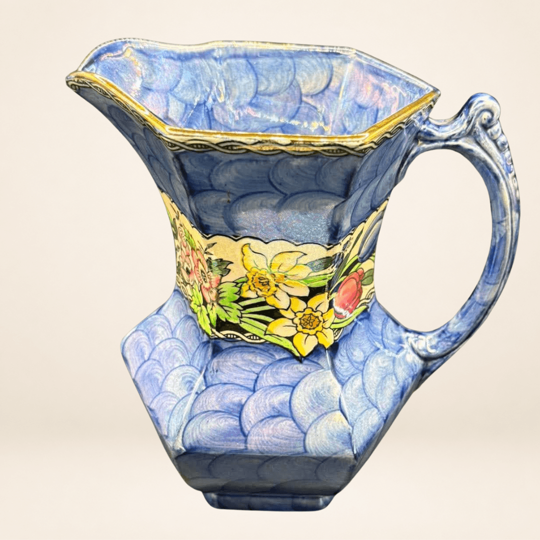 Front view of Maling Peony Rose pattern 6563 dark blue ceramic jug