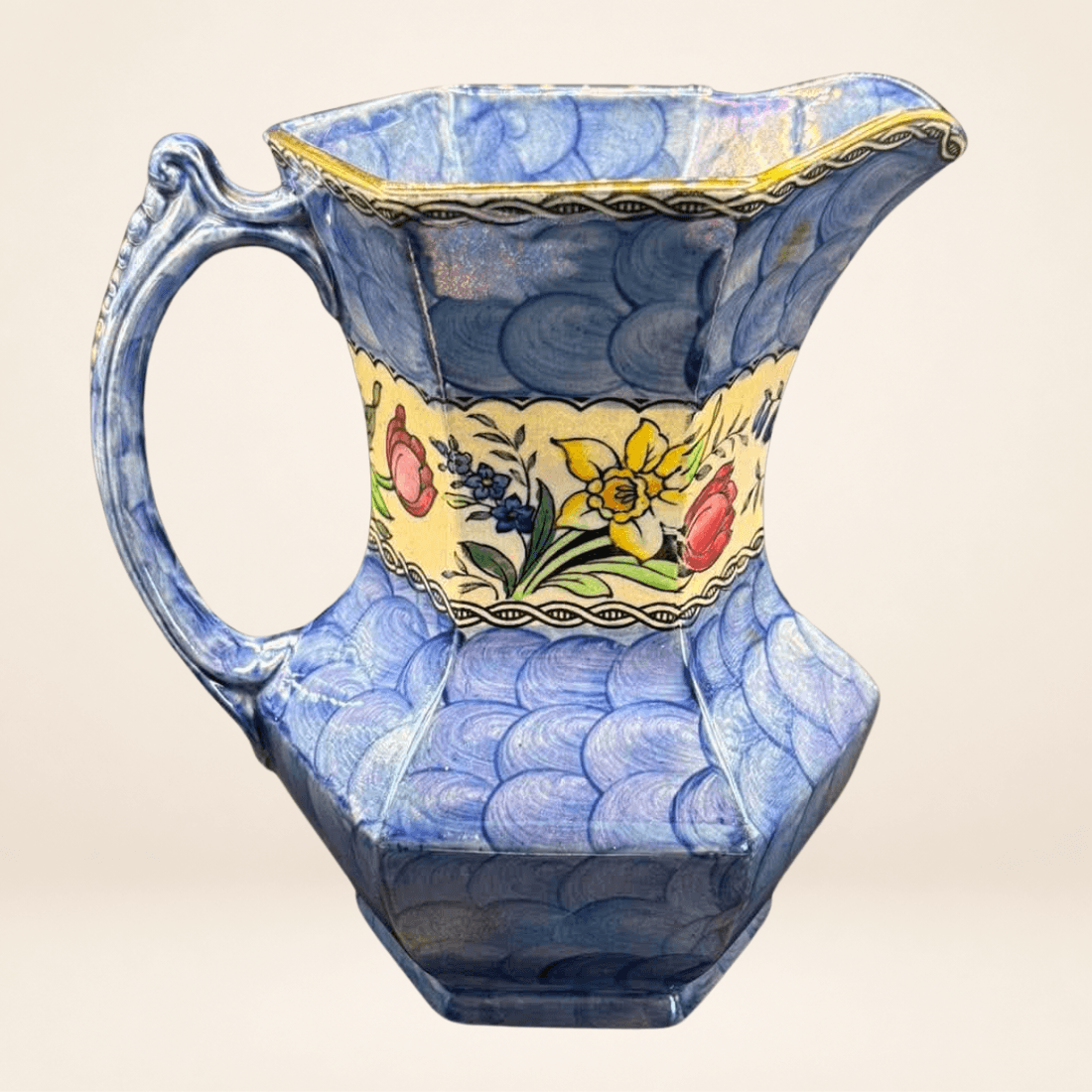 Maling Peony Rose jug in dark blue lustre with floral band and gilt rim