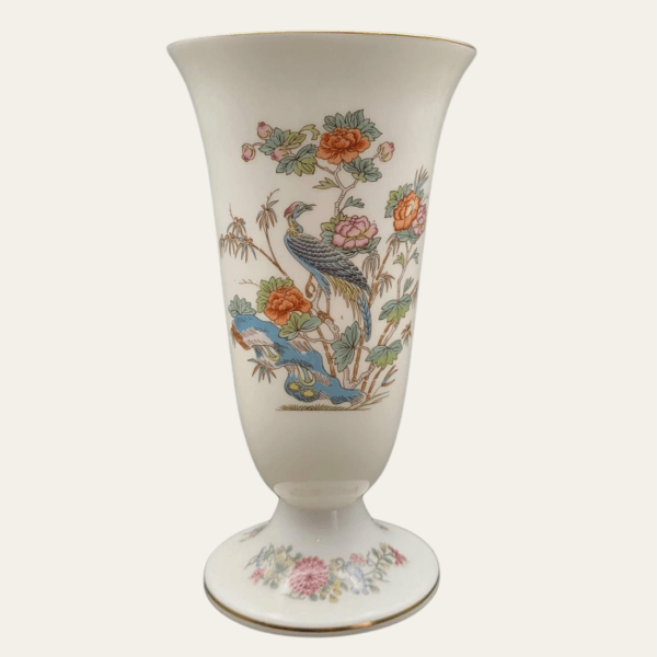 Wedgwood Kutani Crane bone china vase, approximately 18 cm tall, shown straight from the front.
