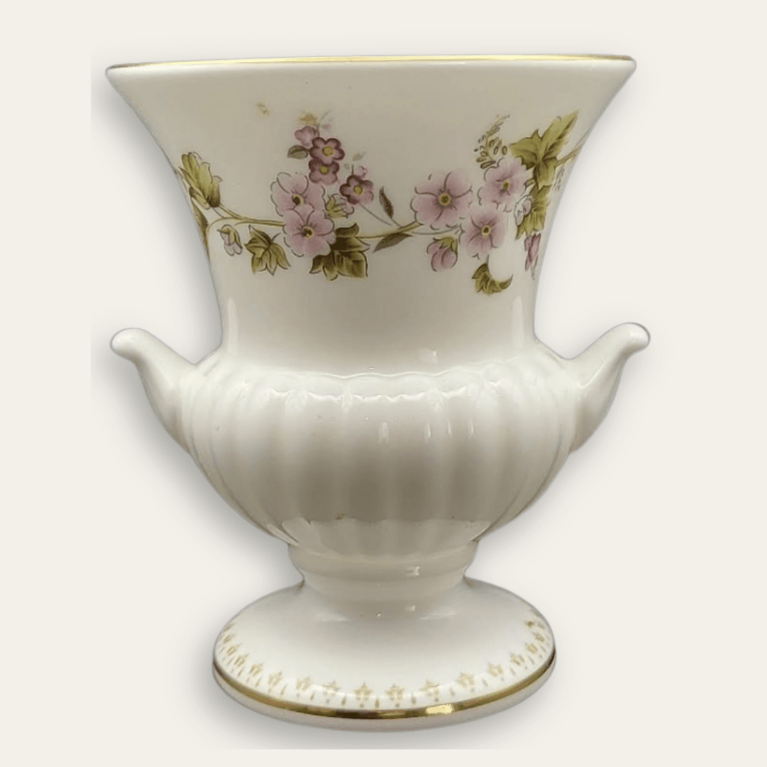 Wedgwood Mirabelle bone china vase showing pink floral decoration on the reverse