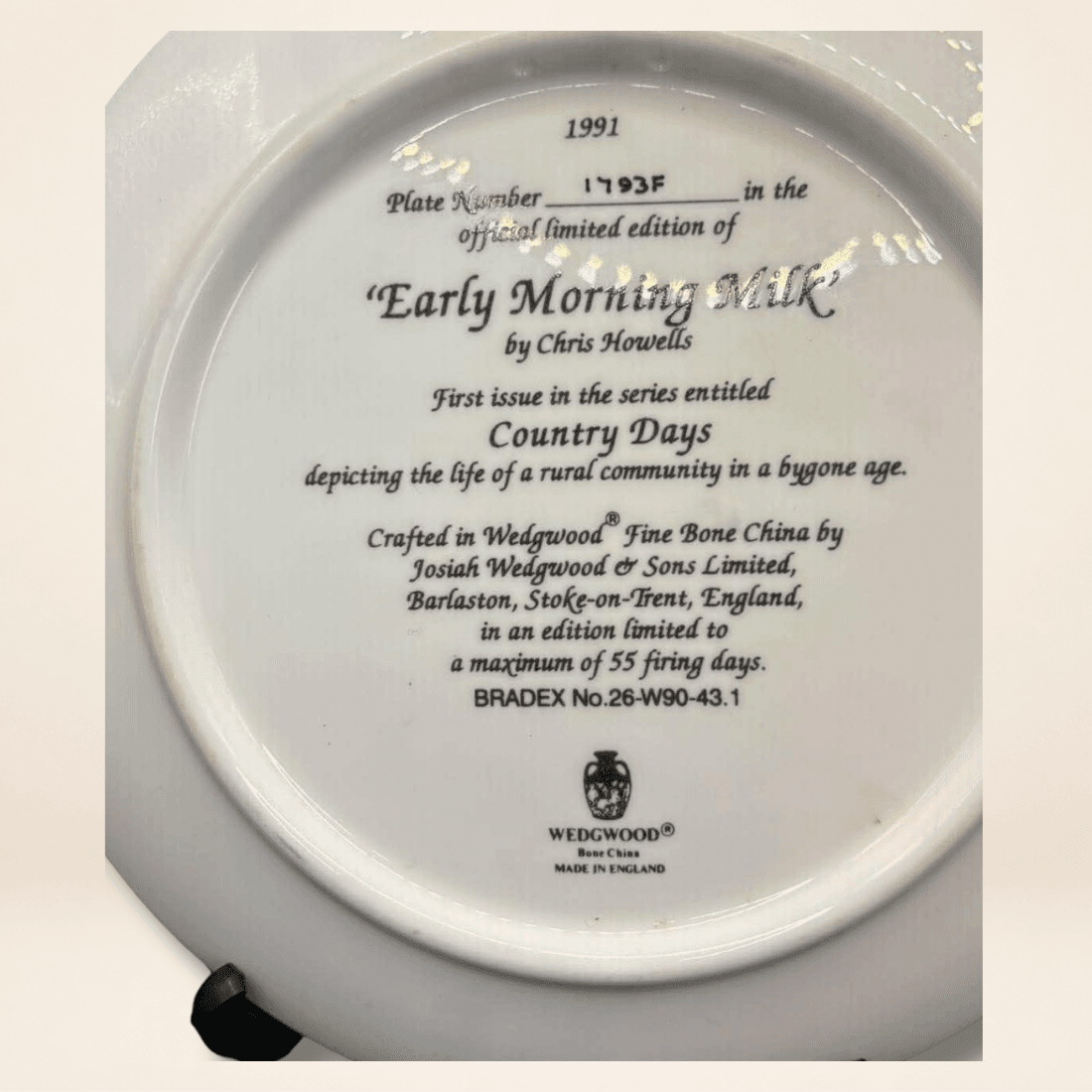 Close-up of the 1991 Wedgwood backstamp and Early Morning Milk plate number 1793F