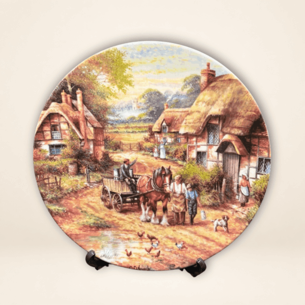 Vintage Wedgwood collector plate Early Morning Milk showing a horse-drawn milk cart in an English village