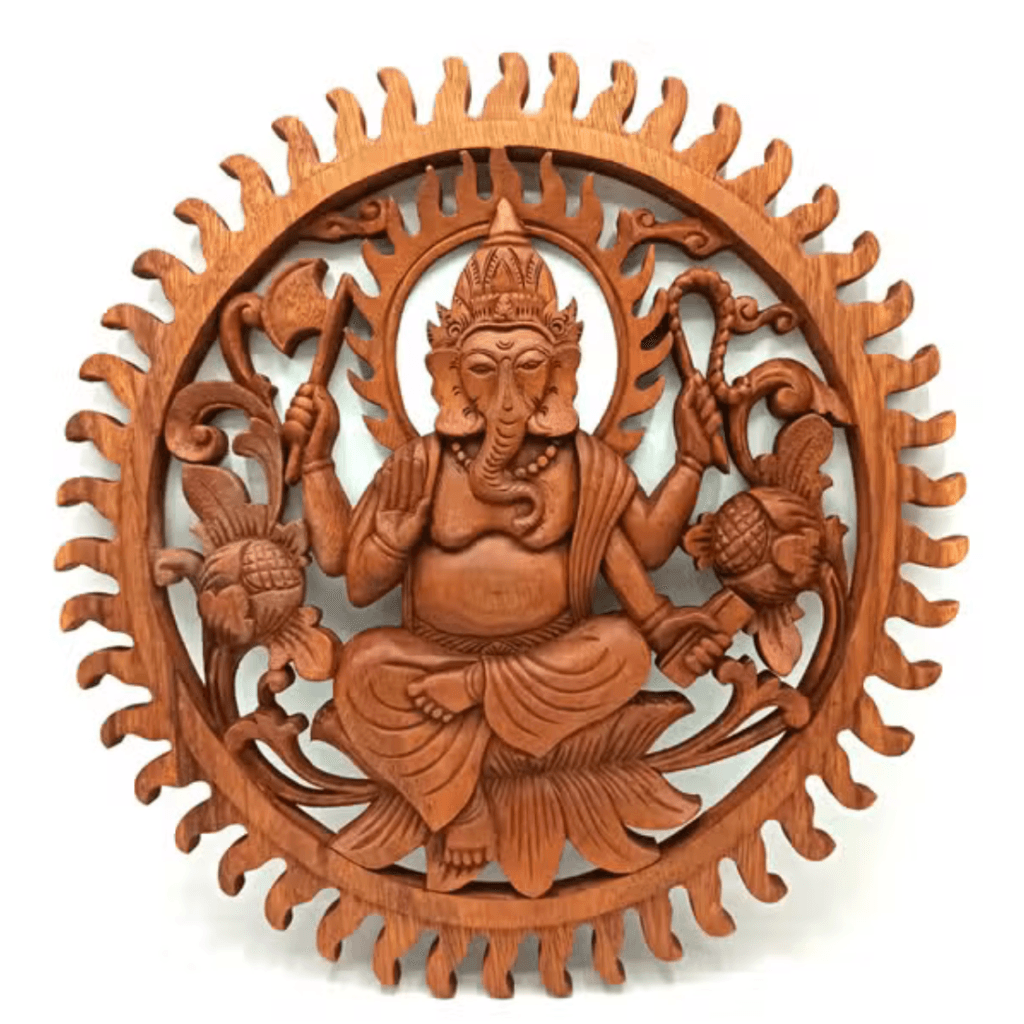 Wooden Ganesh wall art with detailed round carved Suar wood panel on a plain background.