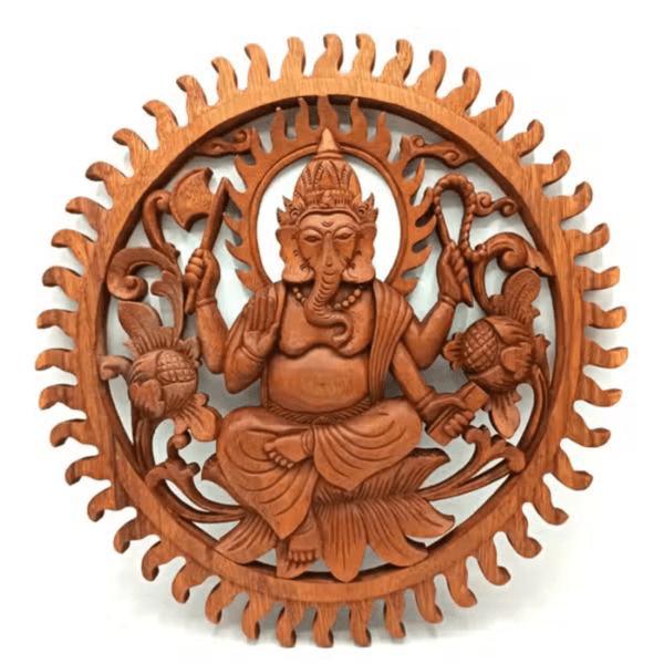 Wooden Ganesh wall art with detailed round carved Suar wood panel on a plain background.