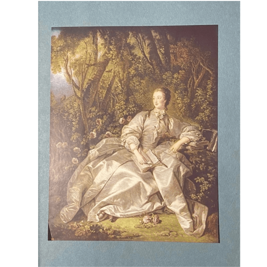 Antique c.1915 Madame de Pompadour print after François Boucher on a blue paper mount.