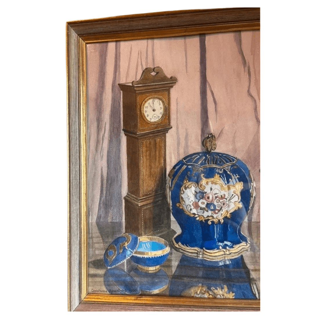 Angled view of the framed vintage watercolour showing the left-hand section of the painting and the wooden frame profile.