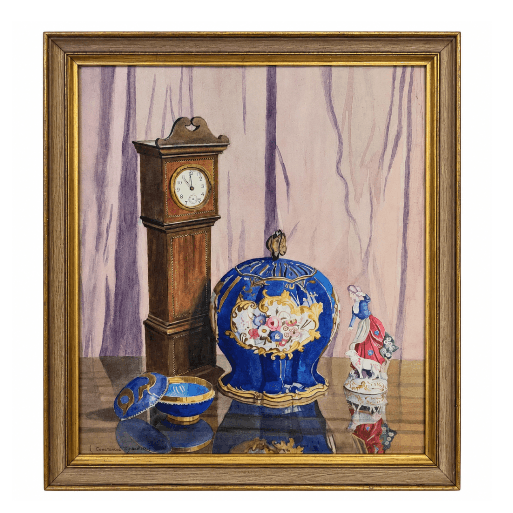 Framed still life watercolour signed Constance Sparling, showing a traditional clock, blue decorative ceramics and an ornamental figure.