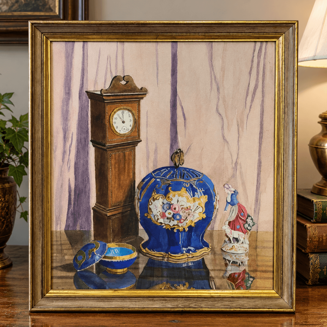 Styled room illustration showing the framed Constance Sparling still life watercolour displayed on a wooden surface.