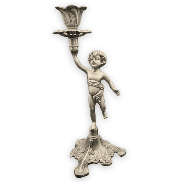 Front view of an ornate silver-tone cherub candlestick holder with a raised floral candle cup and decorative pedestal.