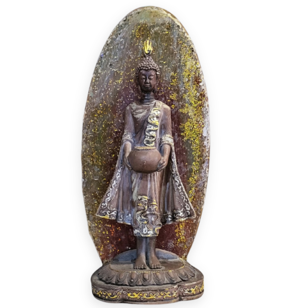 Standing Buddha statue with bowl, oval decorative backplate and ornate base